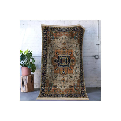 Orange-Beige Themed Multi-Colored Traditional Motif Ethnic Patterned Vintage Decorative Rug