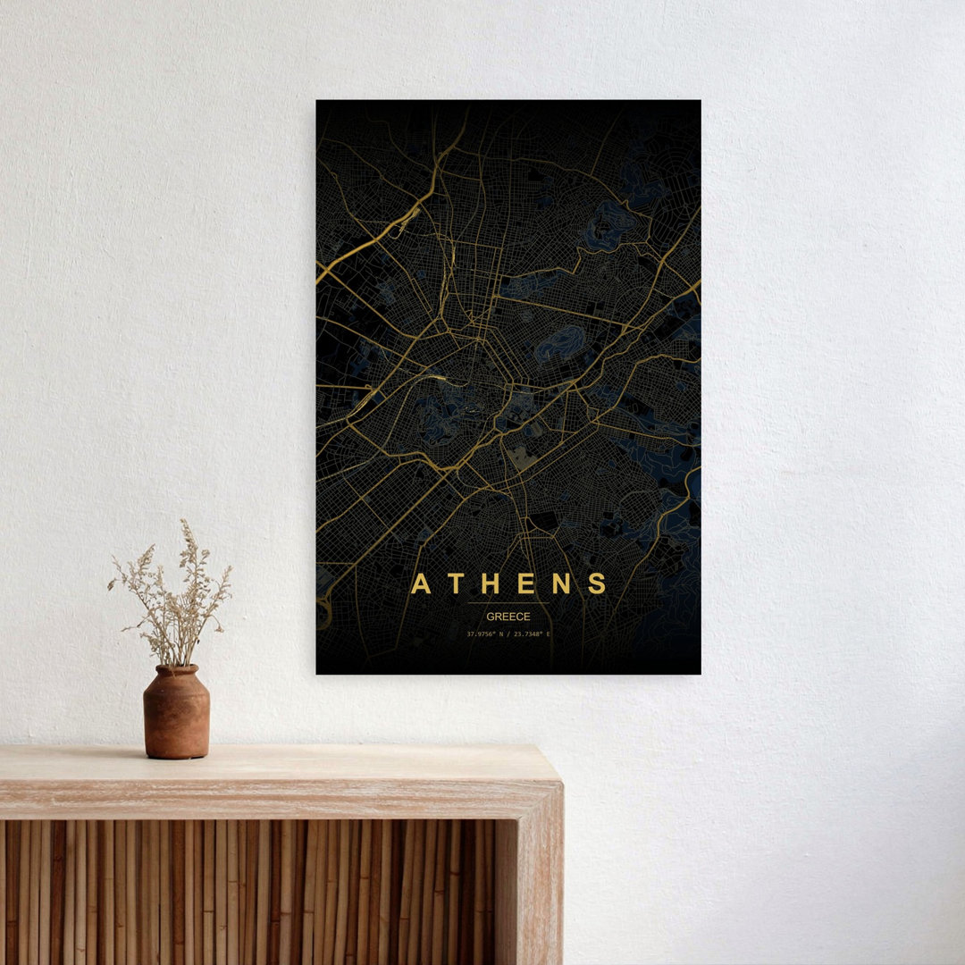 Golden Athens Map Minimalist Modern Abstract City Wall Art Print