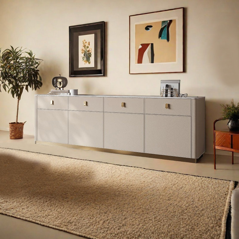 Meuble télé en similicuir de style américain, 94.49", Blanc / gris clair