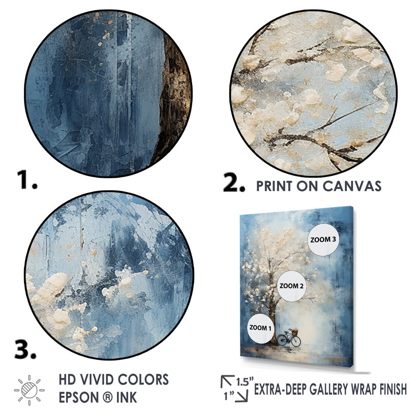 Indigo Intrigue arbre blanc sur toile, Cadre flottant noir, H 32 po x l 16 po x P 1 po
