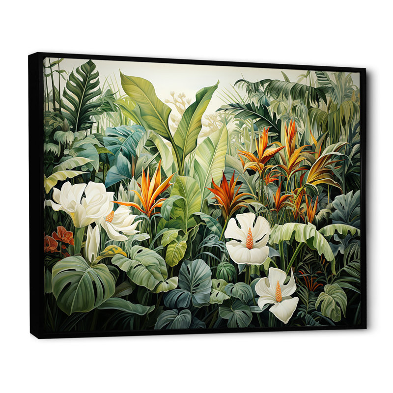 Décoration murale blanche botanique contemporaine Jungle Wonders - Plantes, Cadre flottant noir, H 34 po x l 44 po x P 1,5 po