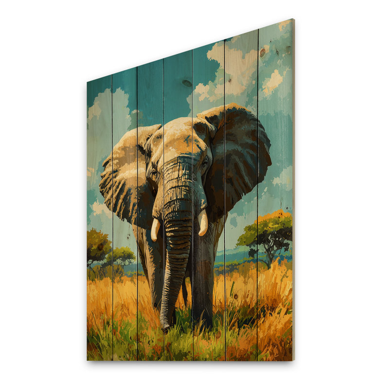 Éléphant dans la savane luxuriante - Éléphant, décoration murale animal en bois - sur bois de pin naturel