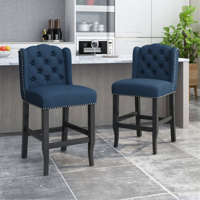 Ensemble de 2 tabourets de bar de 68,5 cm (27 po) de hauteur comptoir, tabourets de bar capitonnés en tissu avec dossier à oreilles, garniture cloutée et pieds en bois massif
