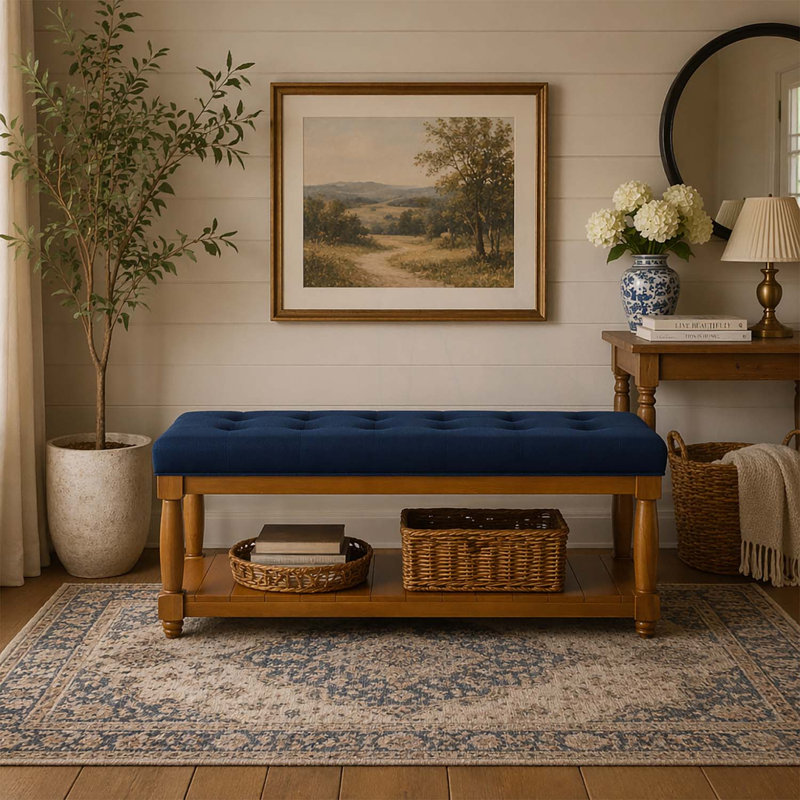 Banc rembourré avec tablette de rangement, Navy Blue+Natural