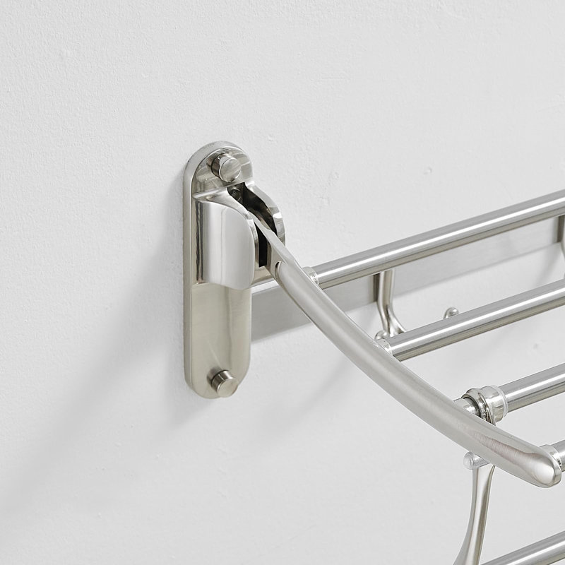 24 Inch Brushed Nickel Wall Mounted Foldable Towel Rack with Hooks