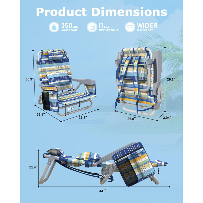 Chaise de plage à dossier inclinable, chaises de plage pliantes portatives avec 5 positions réglables, glacière intégrée et sangles de sac à dos