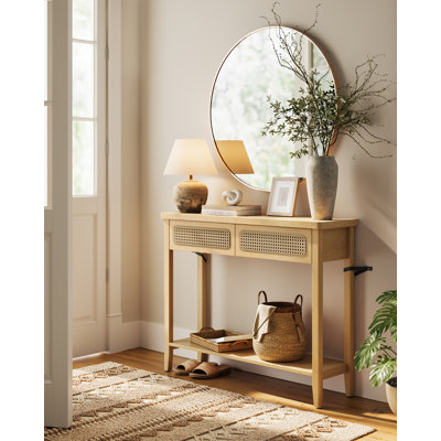 Console Table, Narrow Sofa Table, Entry Table With 2 Drawers, Boho Entryway Table, Behind Couch Table With Open Storage Shelf, Rounded Corners, For Living Room