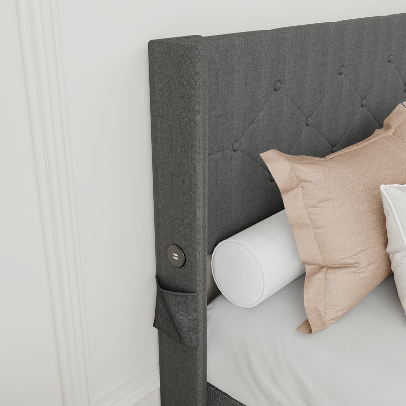 Structure de lit double avec lit de rangement à vérin à gaz avec tête de lit moderne à oreilles, ports USB, Gris foncé