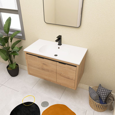 Meuble-lavabo mural simple 36 po avec lavabo en résine, porte à fermeture douce et tiroir