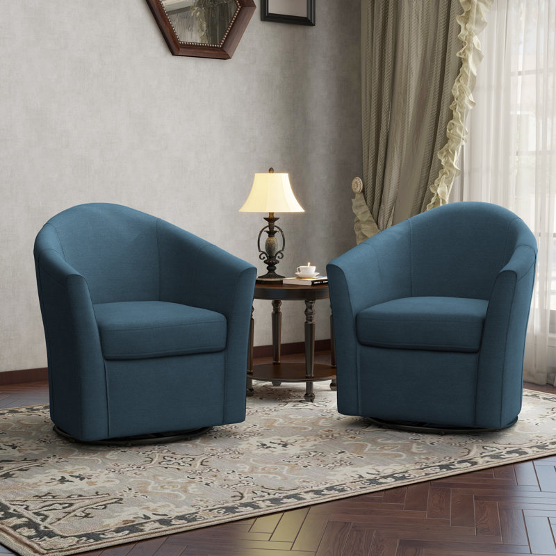 Aunna 78 Cm Wide Cotton Swivel Barrel Chair, Blue Linen Blend