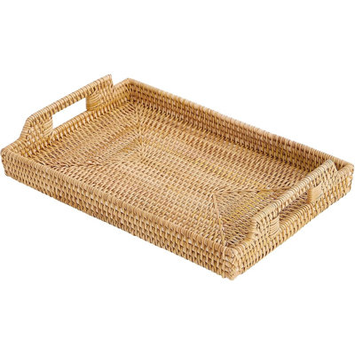 Plateau de service rectangulaire en rotin avec poignées, plateau de table basse décoratif en osier tissé à la main, décor de style bohème rétro pour la salle à manger, la cuisine, la salle de bain et l'extérieur