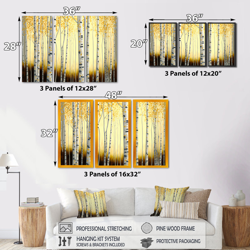 Golden Birch Trees Forest III - ensemble d'art mural sur toile paysage, H 32 po x l 48 po x P 1 po, Encadrement doré