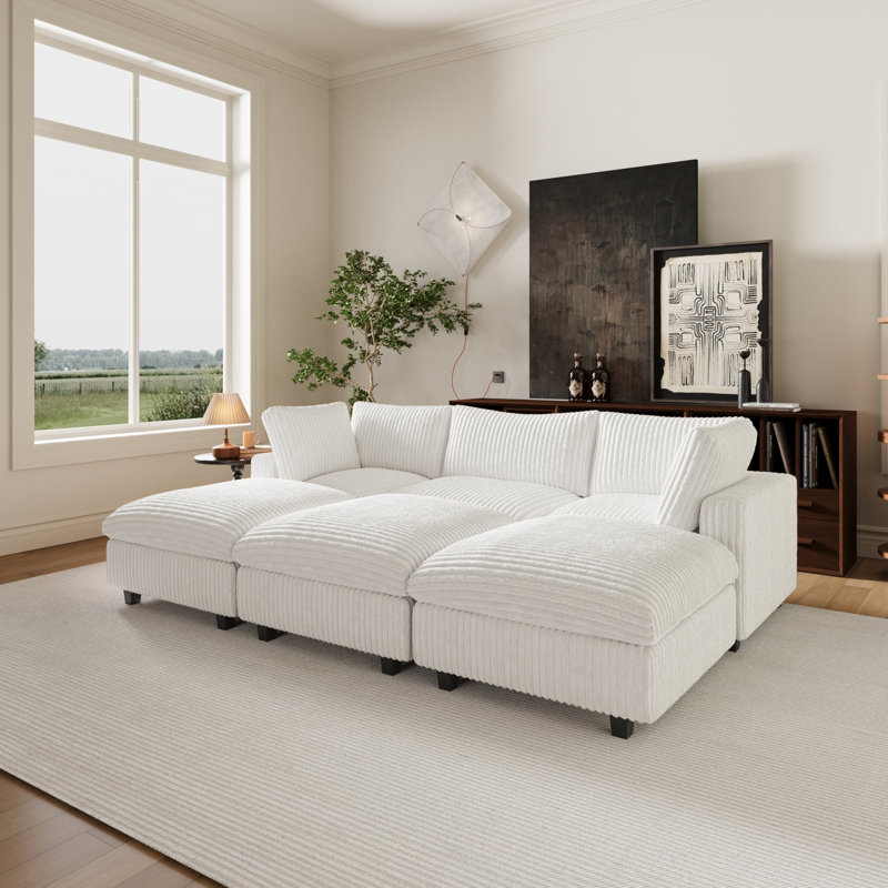 Canapé modulaire avec repose-pieds 6 pièces 6 pièces, Mélange de polyester blanc