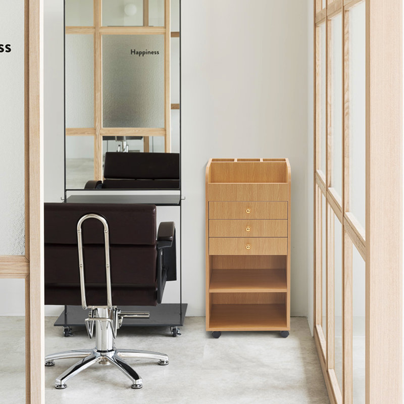 Oak Finish Rolling Salon Utility Trolley with Storage Drawers