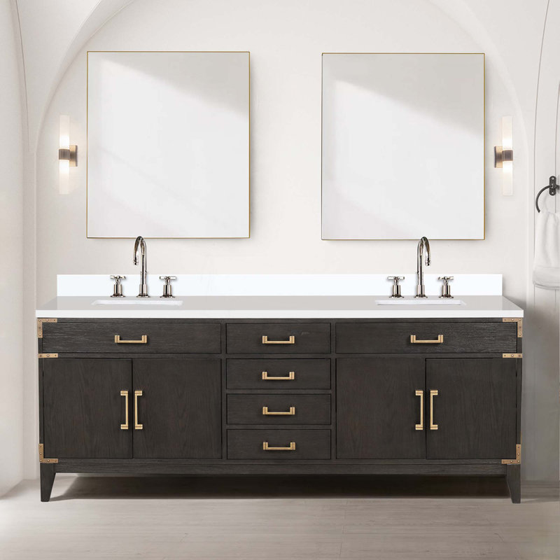Ensemble de meuble-lavabo autoportant avec robinet et miroirs, Brun, 84"