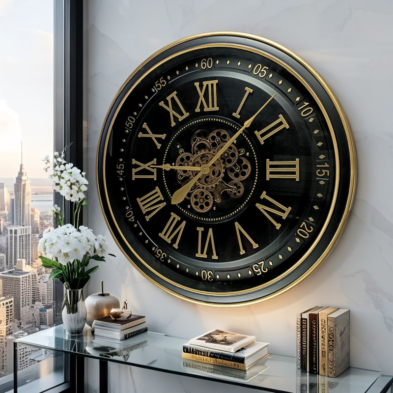 THE GEARS CLOCK Wall Clock with Real Moving Gears IR-LI_ 32 in Round "DUBLIN" BRONZE-ANTIQUE, Black Antique