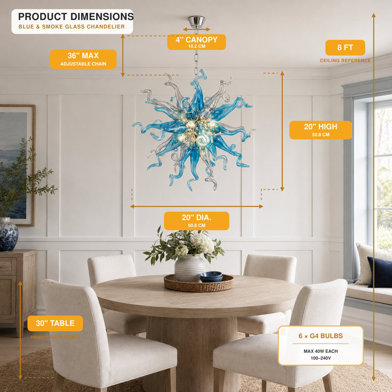 Lustre sculptural en verre soufflé à la main 20 lumières l 20 "gris et bleu fumée avec chaîne ajustable, Light Blue, 6