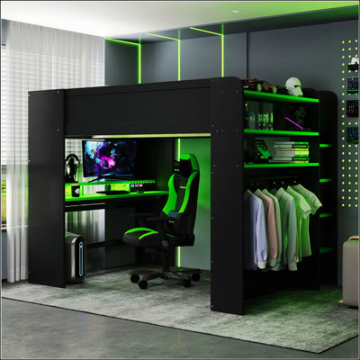 Lit double superposé en bois pleine grandeur avec bureau à hauteur réglable, garde-robe et amplement d'espace de rangement, pour la vie compacte et les études
