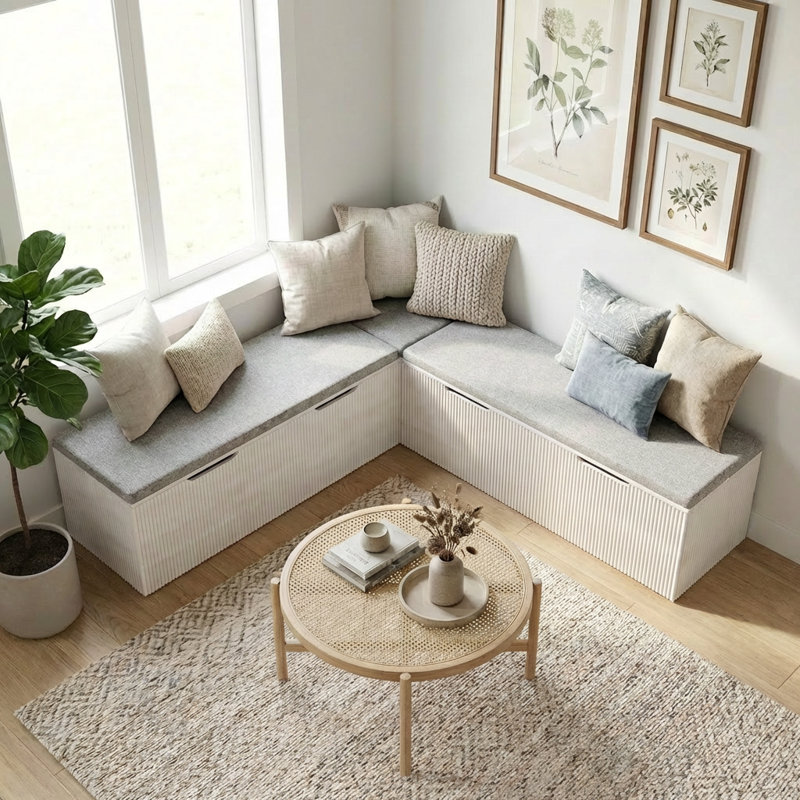 Banc de rangement en L avec coussin, banc d'angle pour salle à manger, cuisine, entrée, blanc, Blanc, Blanc