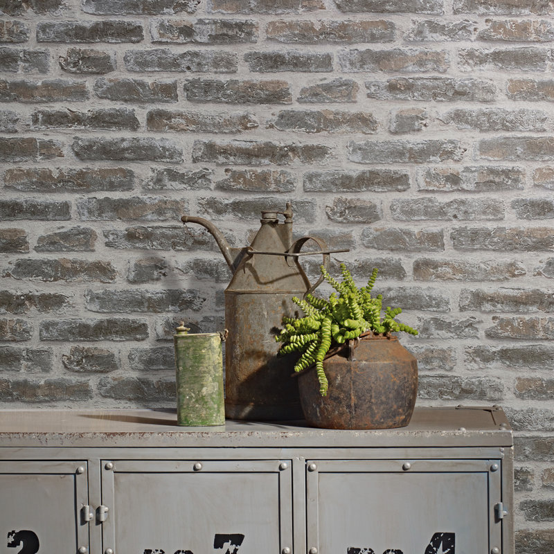 Olio Exposed Brick 33' L x 21" W Wallpaper Roll, White/Taupe