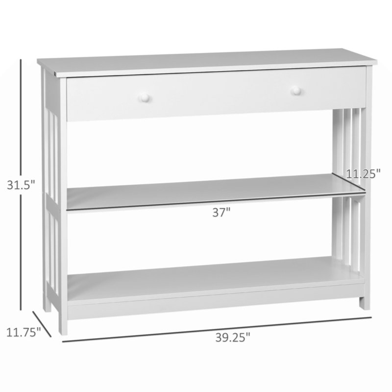 Console Hallway Table With Extra Wide Pull Out Drawer, Open Shelves And  Frame Design,, White