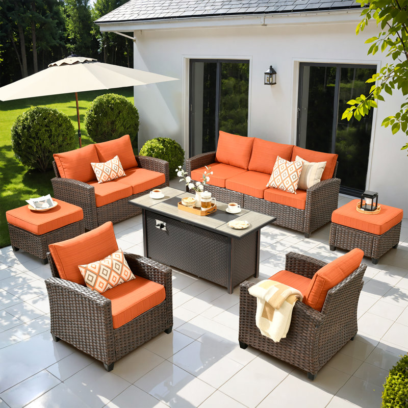 Lou 7 - Person Outdoor Conversation Set, Wicker Patio Sofa & Chair Set with Cushions, Orange Red