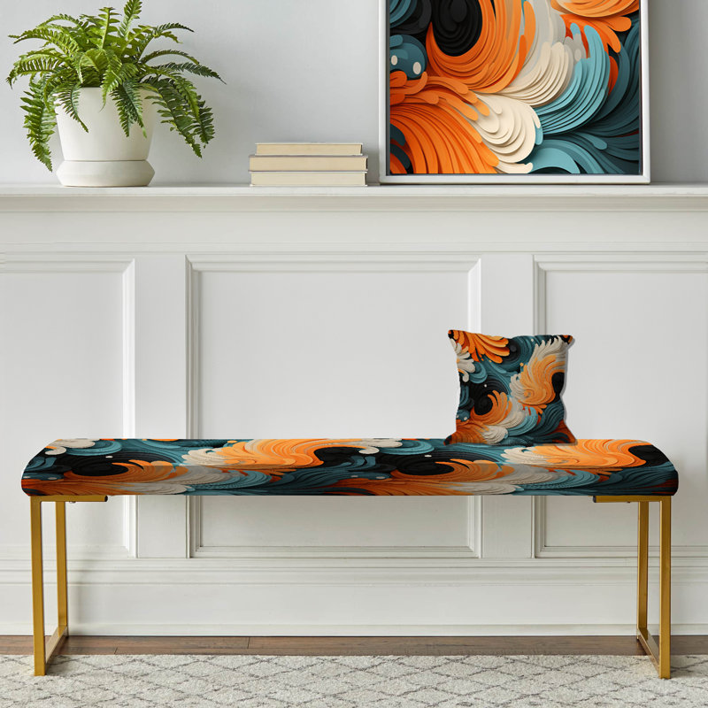 Abstract Upholstered Gold Bench, Orange And Teal Abstract Waves