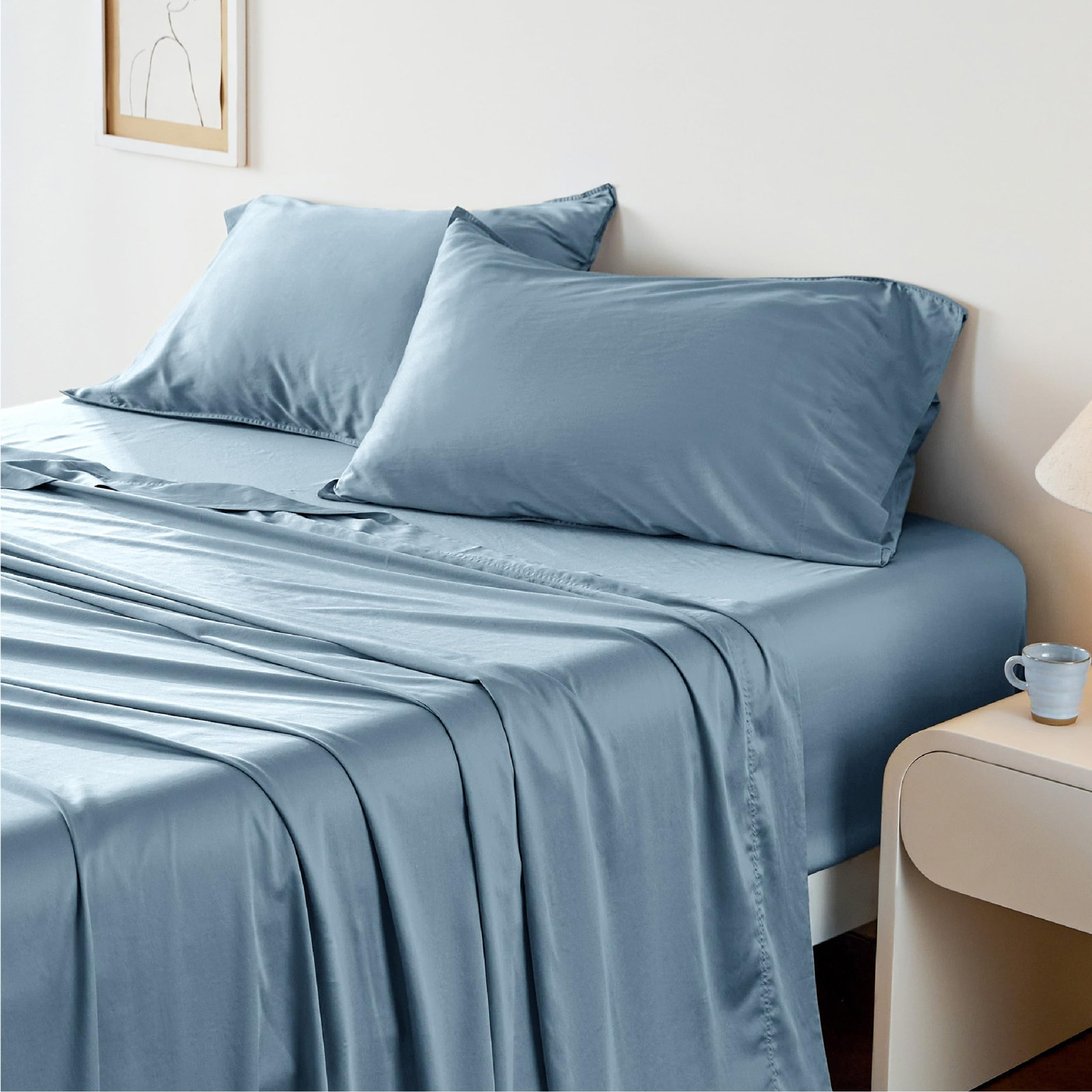Bedsure Lyocell Cotton Breathable Eucalyptus Sheet Set, Queen Sheet Set with 1Fitted Sheet and2Pillowcases, Mineral Blue