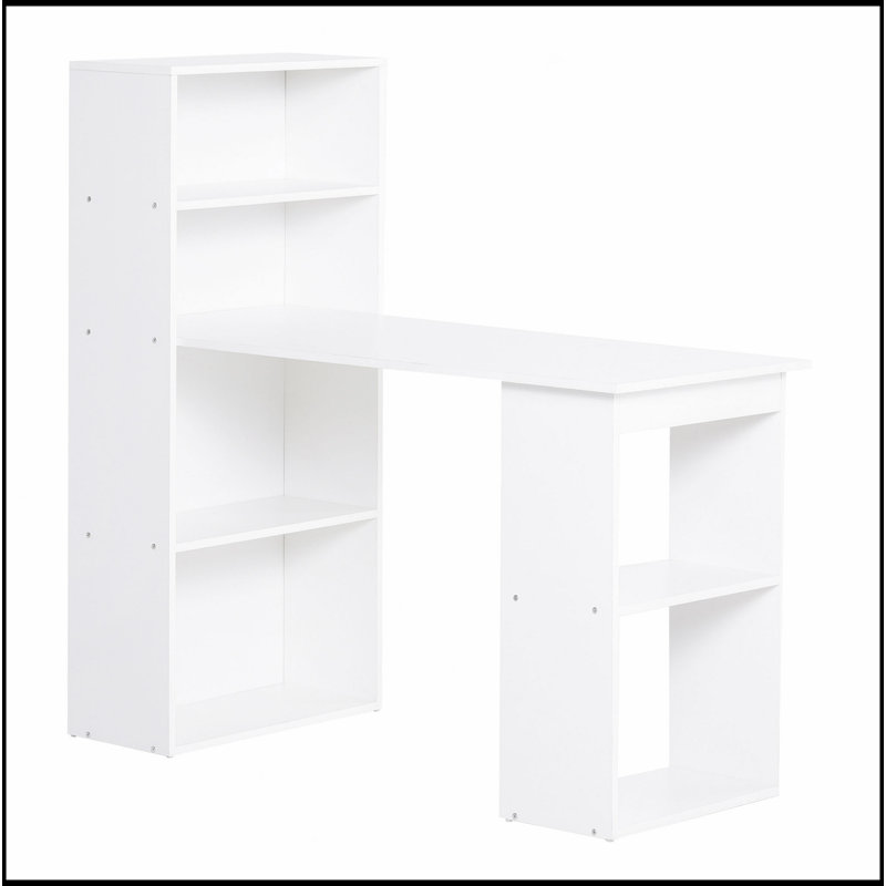 Bureau de bureau moderne avec tablettes de rangement à 6 niveaux, table d'écriture avec bibliothèque de 47 po, Blanc