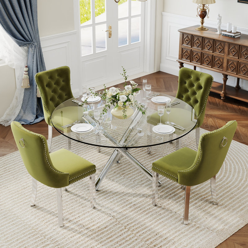 Ensemble de salle à manger à piédestal rond 5 pièces avec chaise capitonnée en velours pour salle à manger et salon