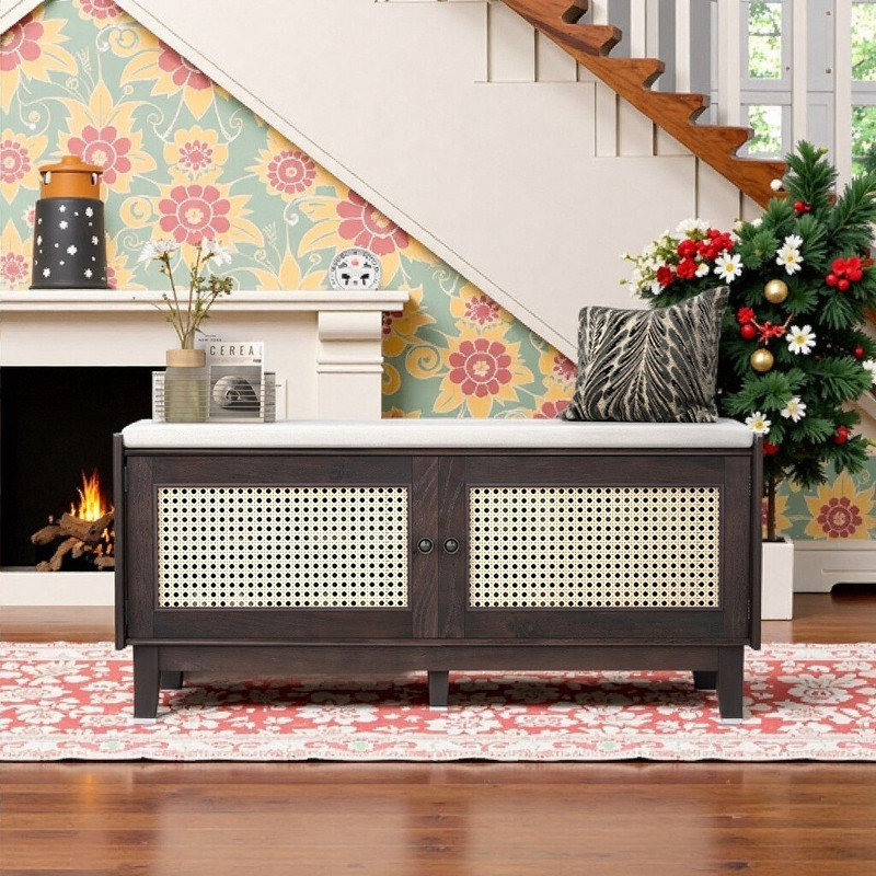 Storage Bench With Rattan Doors, Pine Wood Frame, Removable Cushion, And Adjustable Shelves, Beige,Espresso