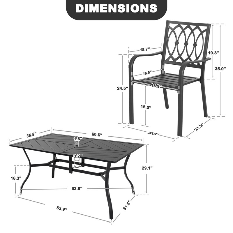 7-Piece Metal Patio Dining Set With Umbrella Hole And 6 Stackable Chairs