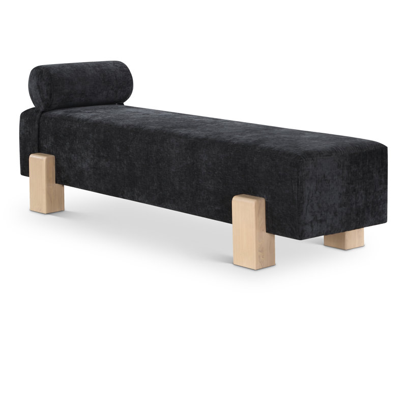 Berlon Chenille Fabric Upholstered Bench, Black Chenille Fabric / Natural Finish