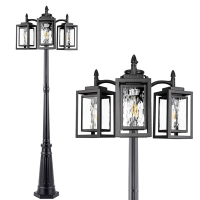 78.7" 3-Head Outdoor Post Light with Water Ripple Glass Lanterns, Modern Post Light for Driveway, Pathway, Yard, and Garden, Matte Black, Bulbs Not Included