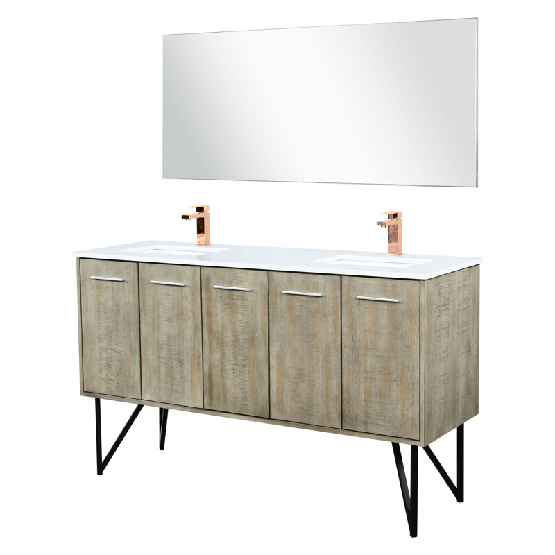 Meuble-lavabo double 60 po Rustic L 20 po x P 20 po, comptoir en marbre de culture, robinet en or rose, miroir 55 - Surface gracieuse, élégante et fonctionnelle