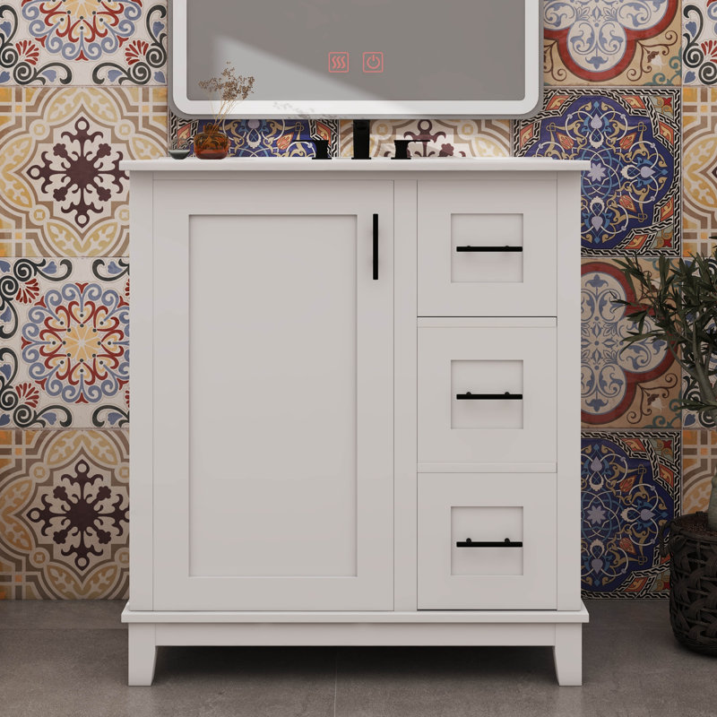 Meuble-lavabo de salle de bain tendance de 30 pouces avec une porte en céramique et des supports de rangement, Blanc
