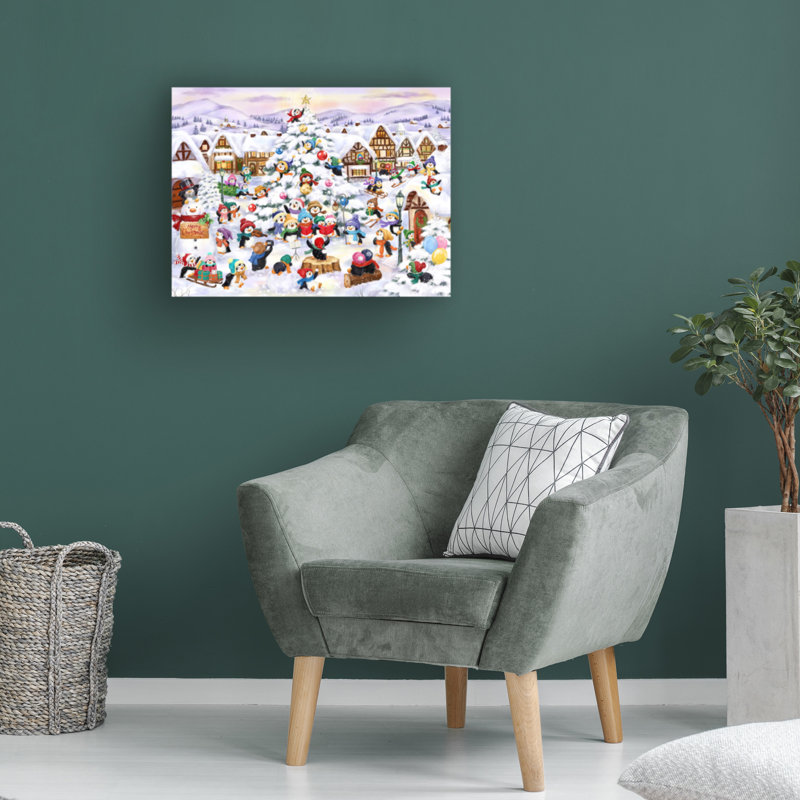 «Penguins Village Scene» par MAKiko, peinture sur toile sans cadre, H 14 po x l 19 po