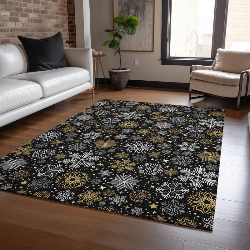 Tapis noir de Noël flocon de neige lavable à la machine intérieur / extérieur Xhevrie, Rectangulaire 3 pi x 5 pi