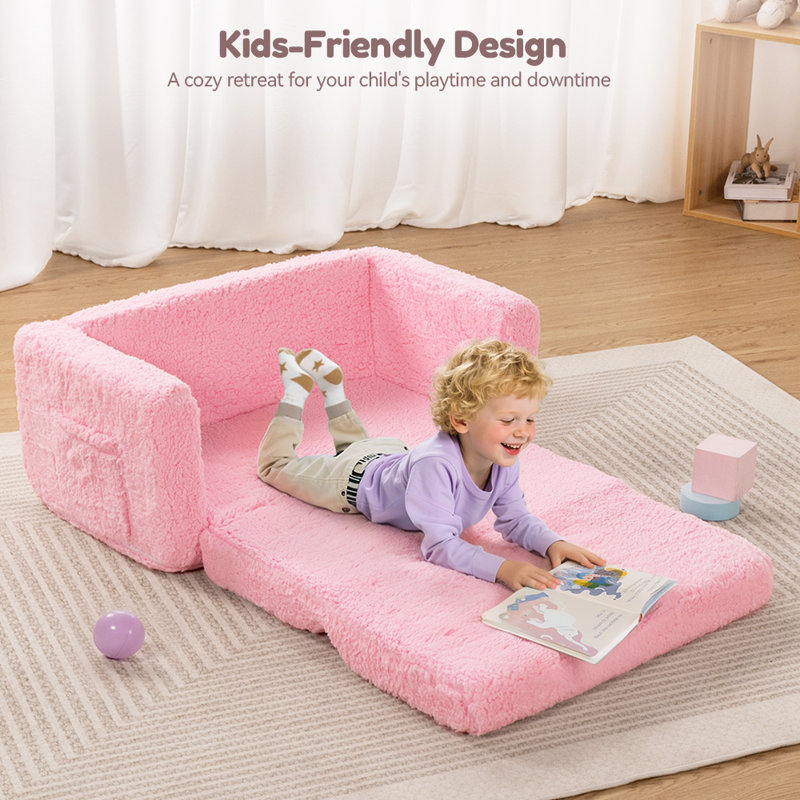 3-In-1 Extra Wide Convertible Kids Couch, 2-Seat Toddler Lounger, Comfy Toddler Chair, Kids Sofa For Boys Girls, Bed For Fun Playtime Or Comfy Lounging