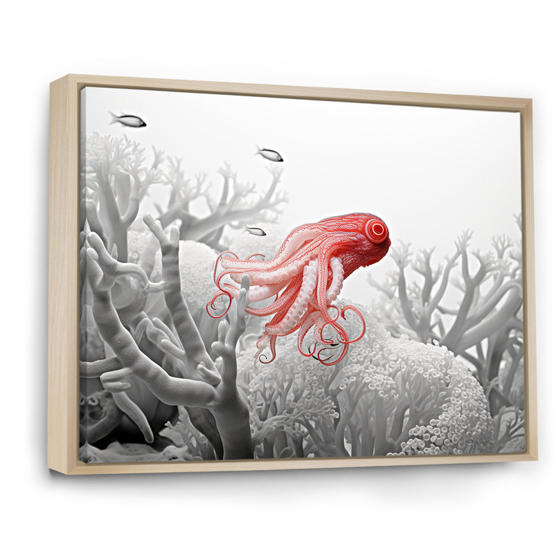 " Monochrome Coral And Grey Octopus Paddle ", 24" H x 32" W x 1" D, Natural Floater Framed