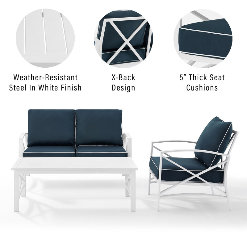 Mosier 3 - Person Patio Conversation Set with Cushions, Navy, White