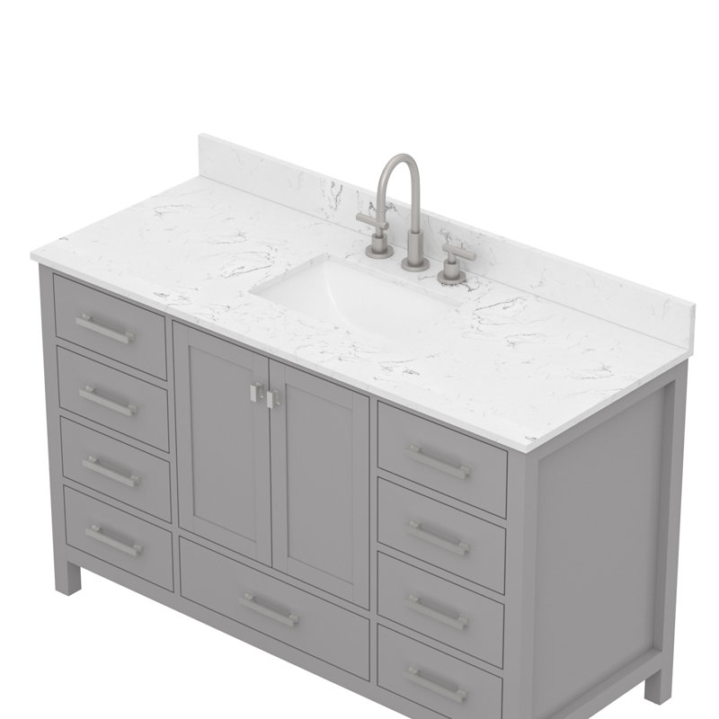 54" Solid Wood Freestanding Bathroom Vanity With Engineered Stone Top, Gray, Brushed Nickel