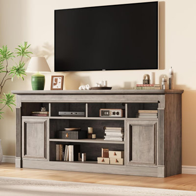 Meuble télé 67 po pour téléviseur de 75 po ou moins, meuble audio-vidéo avec grandes tablettes et armoires de rangement, console multimédia