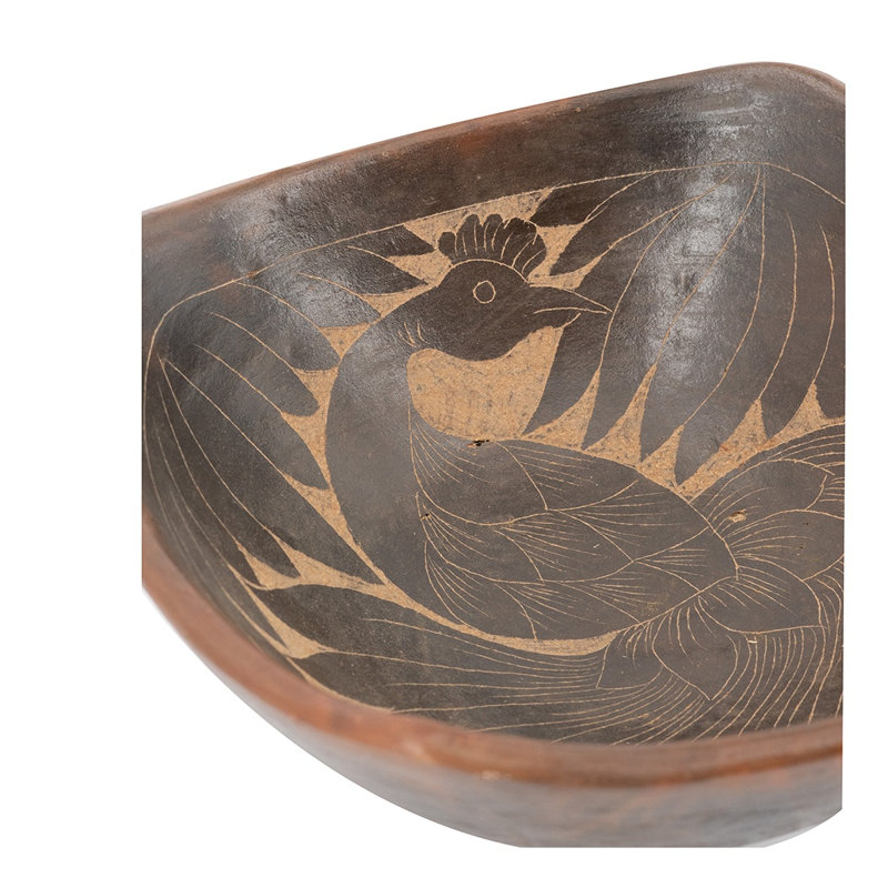 Bol décoratif artisanal en terre cuite avec motif de paon, plateau carré de 9,8 po en Indonésie