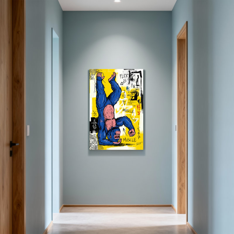 Animaux, singe bleu, muscles flexibles, fond jaune, H 18 po x l 12 po
