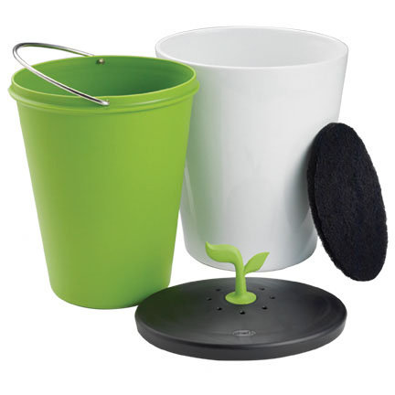 White and Black Ceramic Countertop Compost Bin with Green Lid