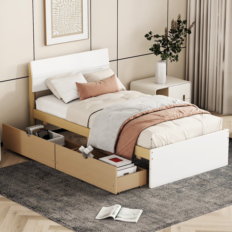 Lit simple avec 2 tiroirs pour un rangement maximisé - Blanc brillant et agencement de tiroirs en chêne, et couleur