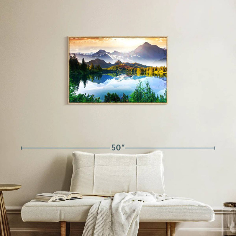 Montagne et lac au lever du soleil, Cadre flottant en bois naturel, 31 po x 21 po
