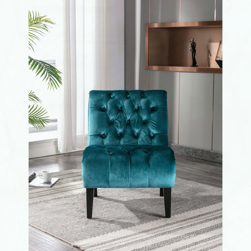 Fauteuil d'appoint en velours sans accoudoirs - Bleu sarcelle - Capitonné, Bleu sarcelle