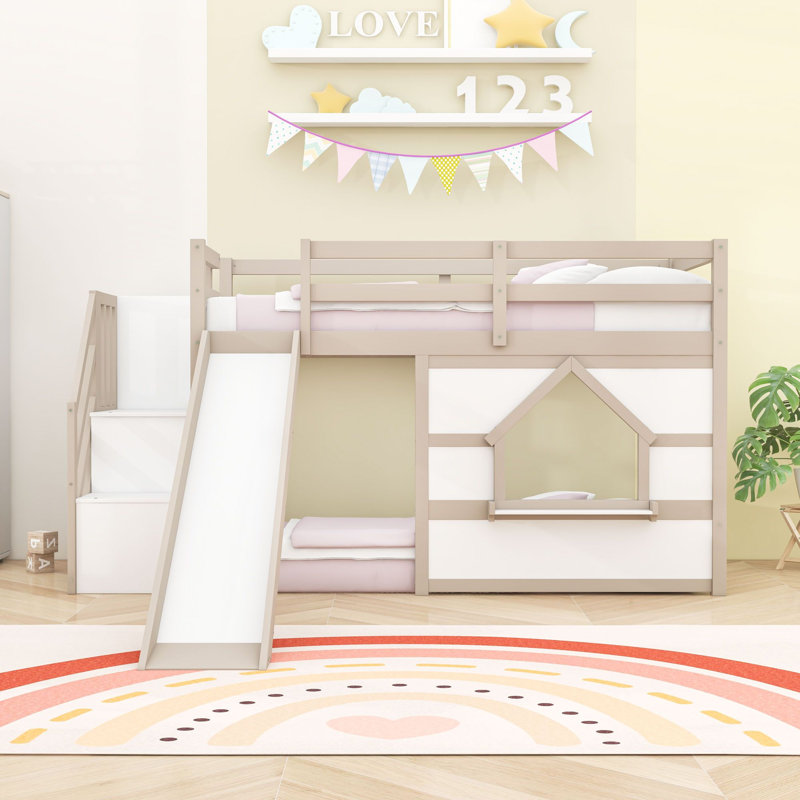 Lit mezzanine simple bas avec tablettes, escaliers, glissade et lumières DEL, Blanc beige